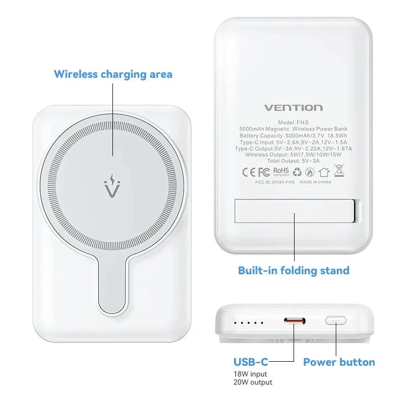 Magnetyczny Powerbank bezprzewodowy Vention FHS 5000mAh Niebieski