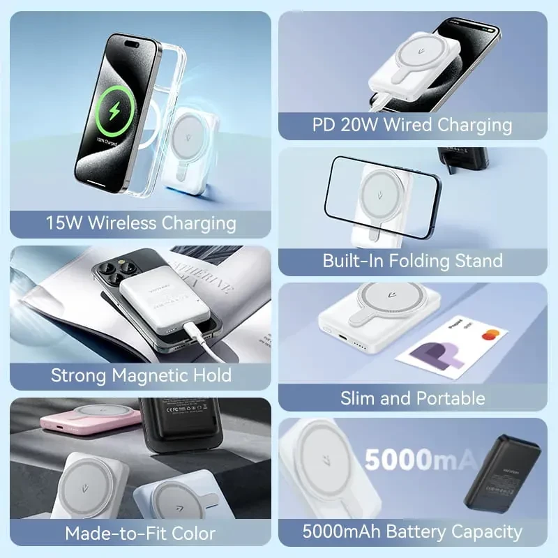Magnetyczny Powerbank bezprzewodowy Vention FHS 5000mAh Niebieski