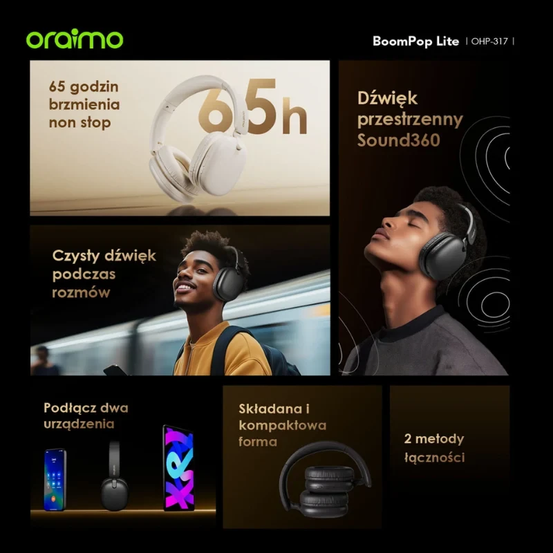 Oraimo Bezprzewodowe Słuchawki Nauszne Bluetooth BoomPop Lite Jasno Złote