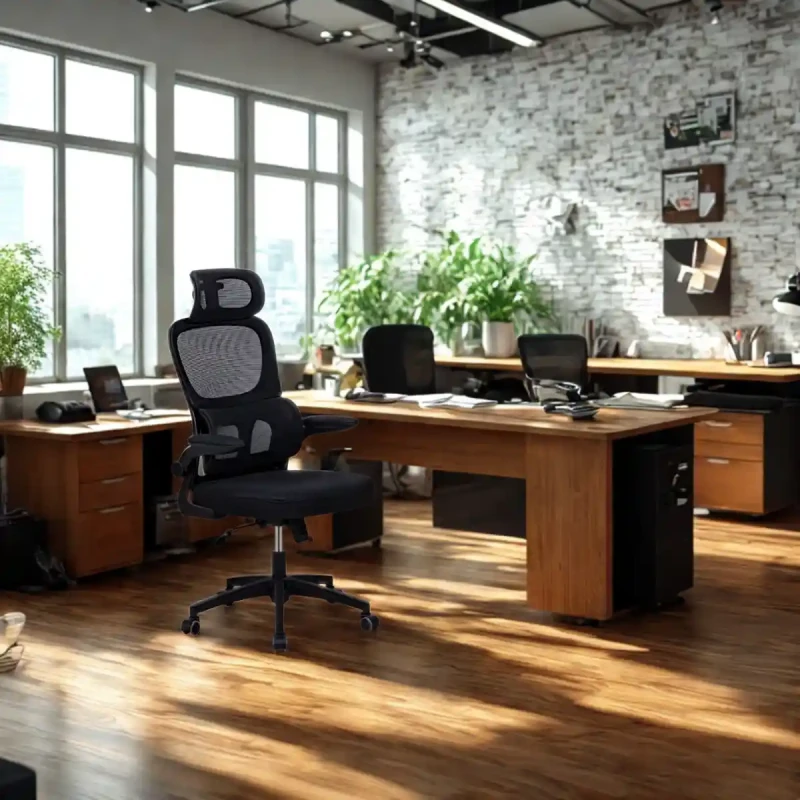 Fotel EP – Breeze 8B w aranżacji biurowej – ergonomiczne czarne krzesło w nowoczesnym wnętrzu