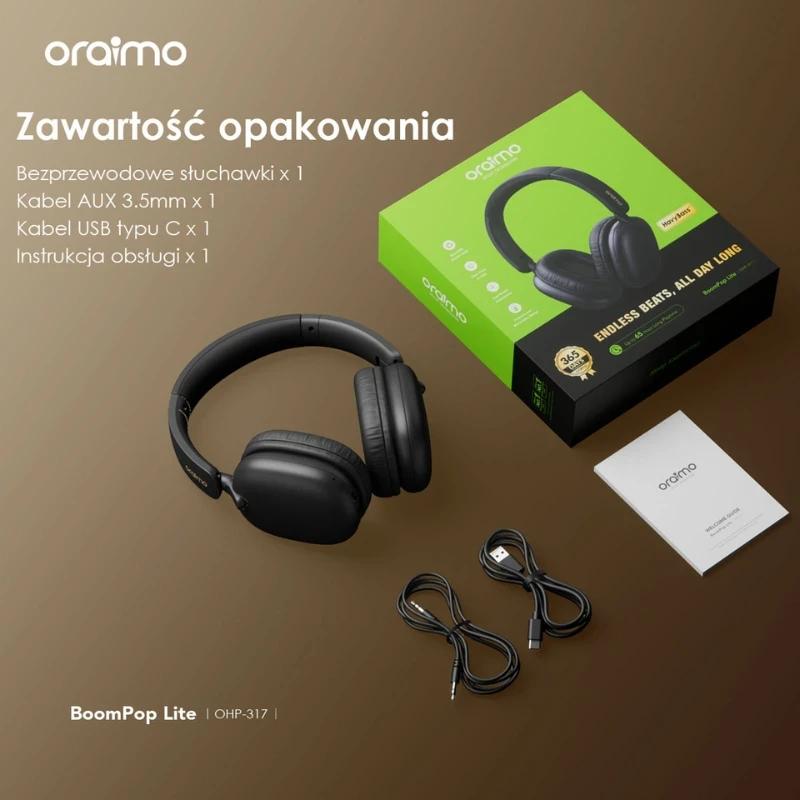 Oraimo Bezprzewodowe Słuchawki Nauszne Bluetooth BoomPop Lite Grafitowy Szary