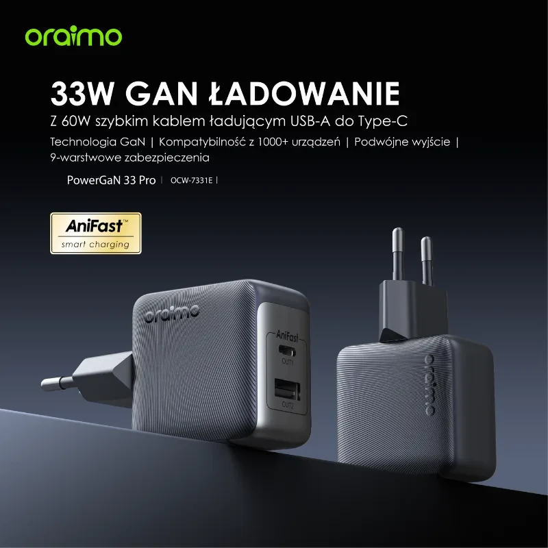 Oraimo Ładowarka sieciowa PowerCube GaN 33 Pro USB-A + USB-C podwójna Szybkie ładowanie