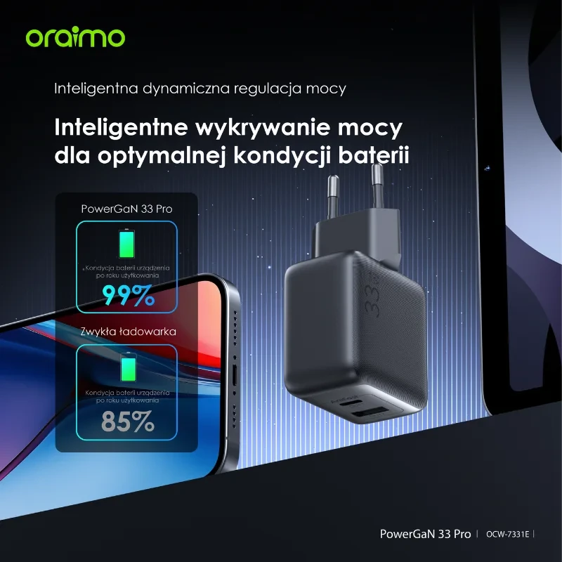 Oraimo Ładowarka sieciowa PowerCube GaN 33 Pro USB-A + USB-C podwójna Szybkie ładowanie