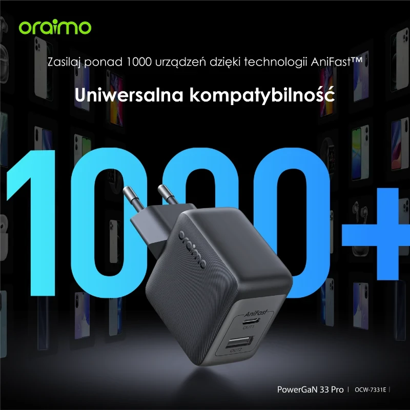 Oraimo Ładowarka sieciowa PowerCube GaN 33 Pro USB-A + USB-C podwójna Szybkie ładowanie