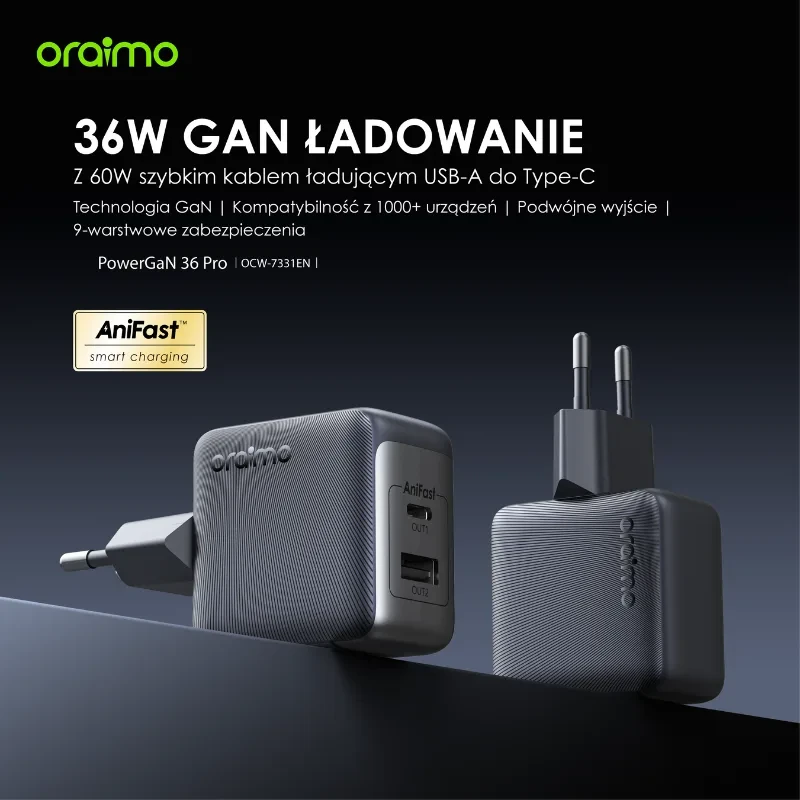 oraimo-powercube-GaN-36-pro-Ładowarka-sieciowa-USB-C + USB-C-podwójna-Szybkie-ładowanie