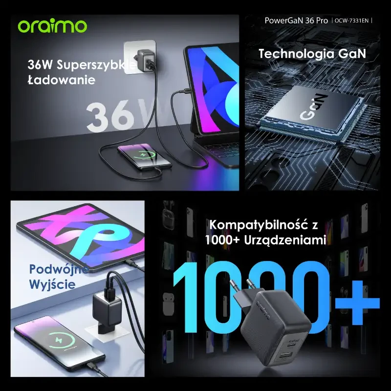 oraimo-powercube-GaN-36-pro-Ładowarka-sieciowa-USB-C + USB-C-podwójna-Szybkie-ładowanie