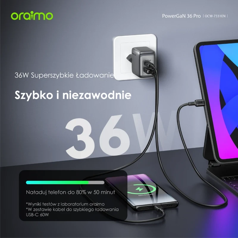 oraimo-powercube-GaN-36-pro-Ładowarka-sieciowa-USB-C + USB-C-podwójna-Szybkie-ładowanie