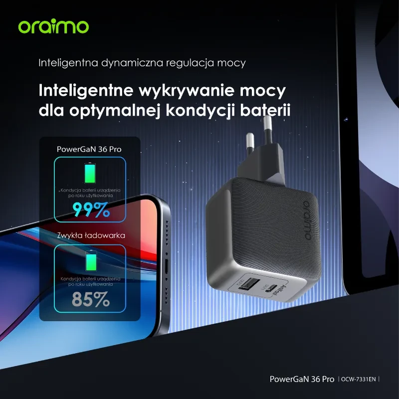 oraimo-powercube-GaN-36-pro-Ładowarka-sieciowa-USB-C + USB-C-podwójna-Szybkie-ładowanie