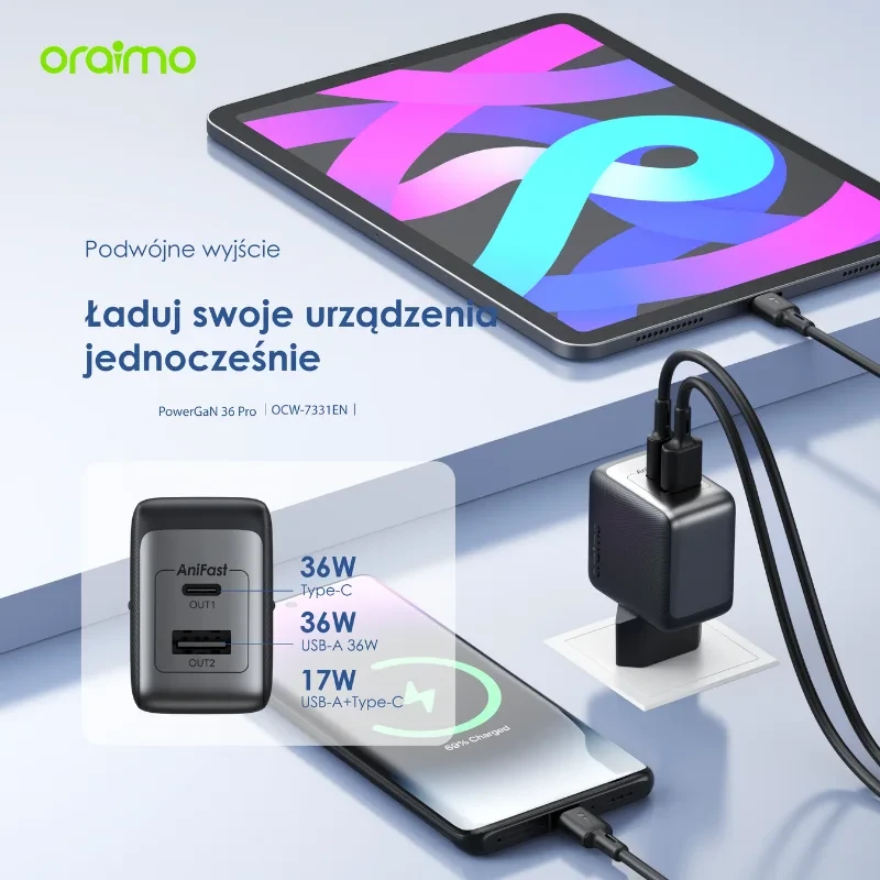oraimo-powercube-GaN-36-pro-Ładowarka-sieciowa-USB-C + USB-C-podwójna-Szybkie-ładowanie