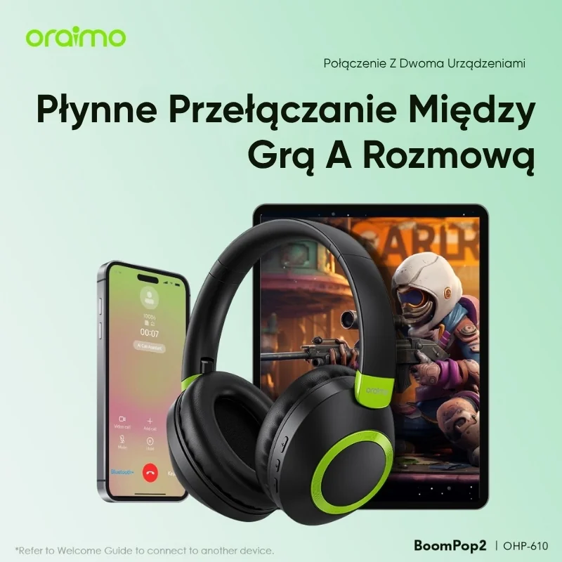 Oraimo Słuchawki Bezprzewodowe Nauszne Bluetooth ENC BoomPop 2 Czarne