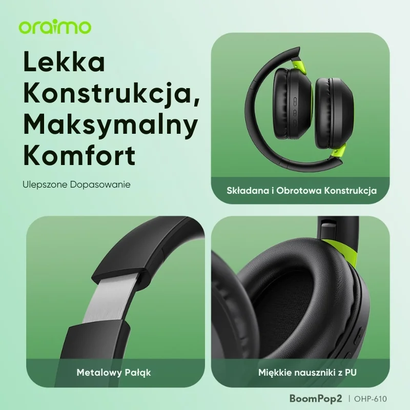 Oraimo Słuchawki Bezprzewodowe Nauszne Bluetooth ENC BoomPop 2 Czarne